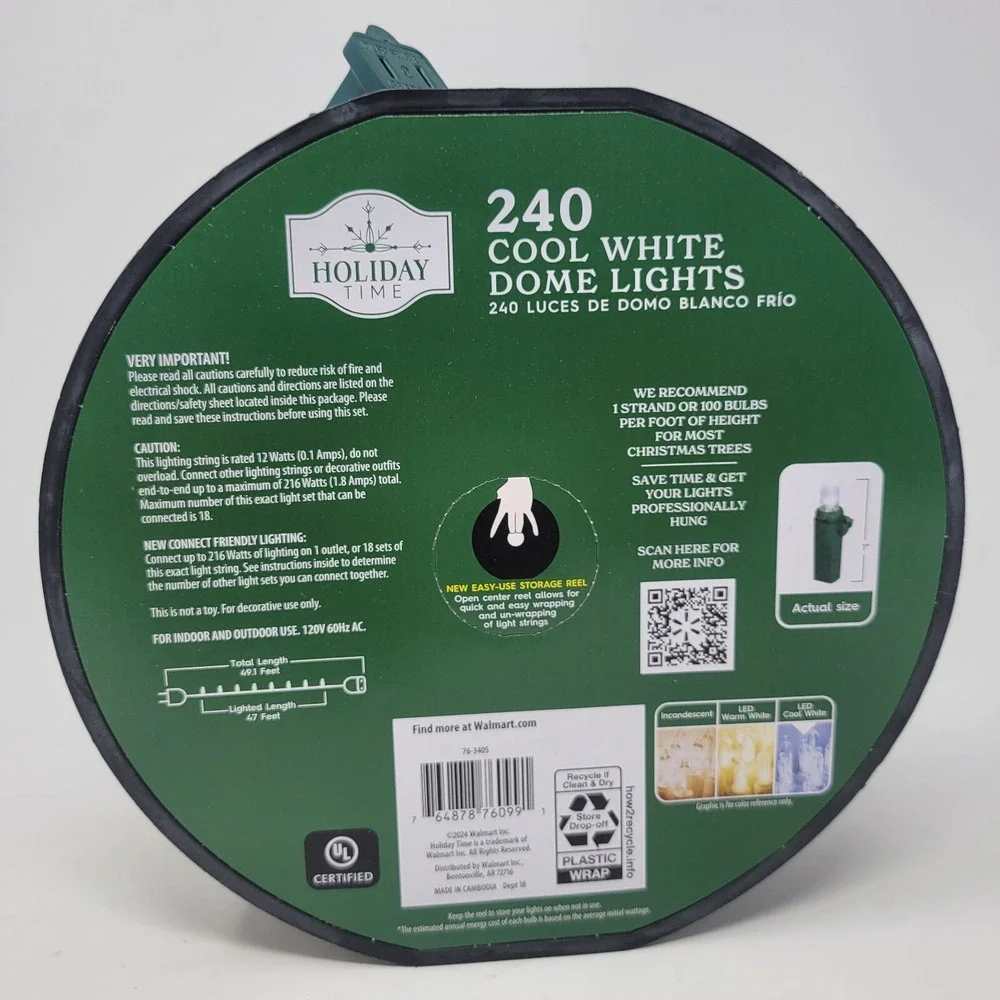 Holiday Time 240 Cool White LED‎ Dome Lights with Green Wire on Reel